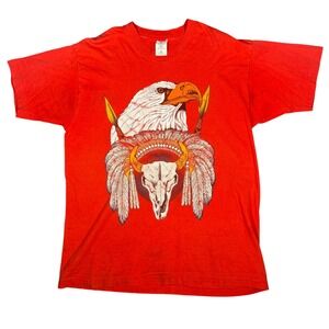 Vintage‎ Eagle & Buffalo Skull Native American T-Shirt XL Red Graphic Tee